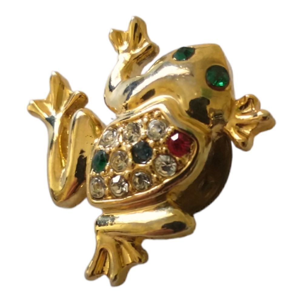 Vintage Frog Toad Lapel Pin Tie Tack Gold Tone Rhinestone Novelty Animal Jewelry